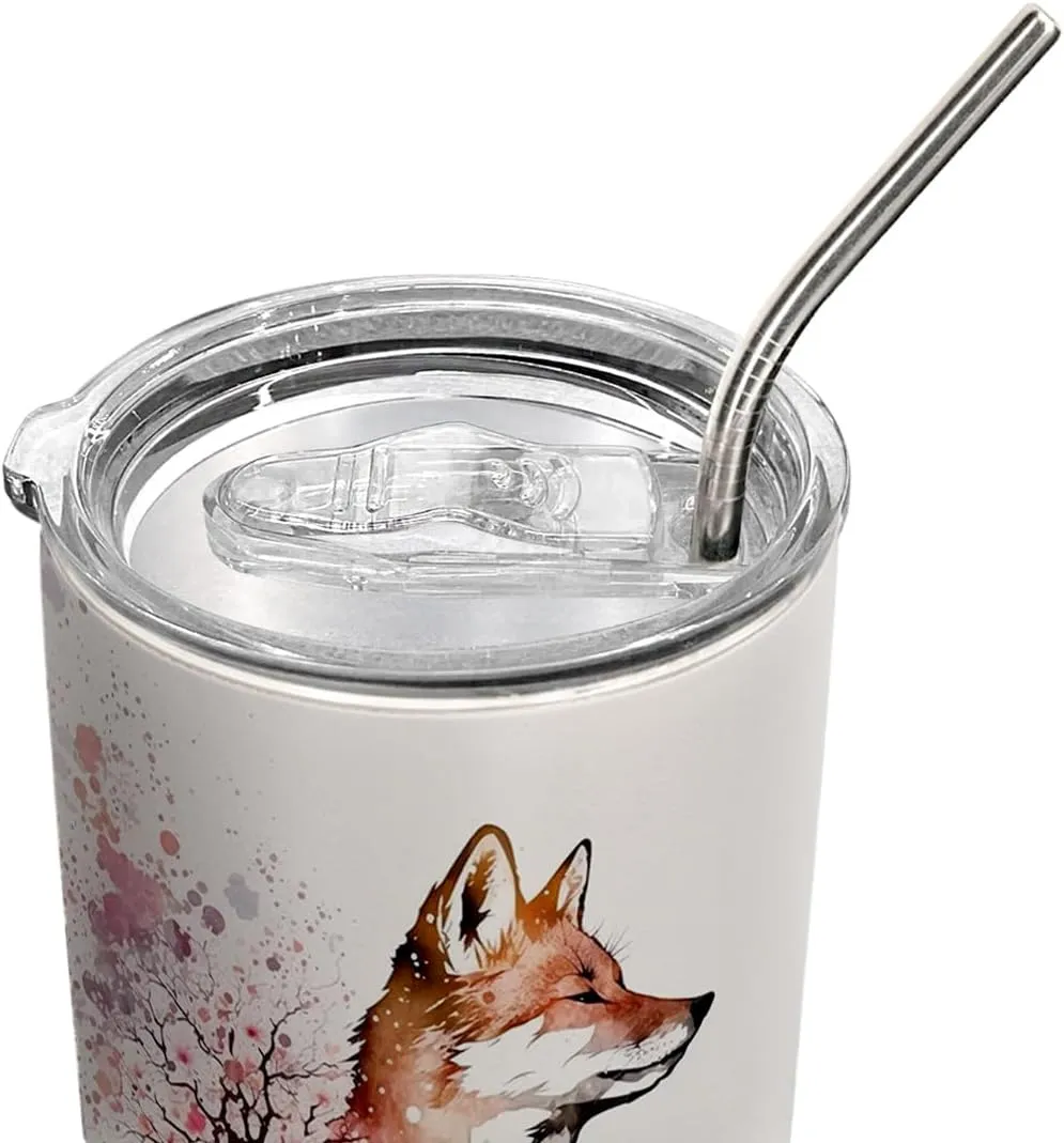 20oz Spring Cherry Blossom Fox Tumbler, Gifts for Fox Lovers, Coffee Thermos for Women, Stainless Steel Double Wall Vacuum Insulated Coffee Mug, Travel Cup with Lid
