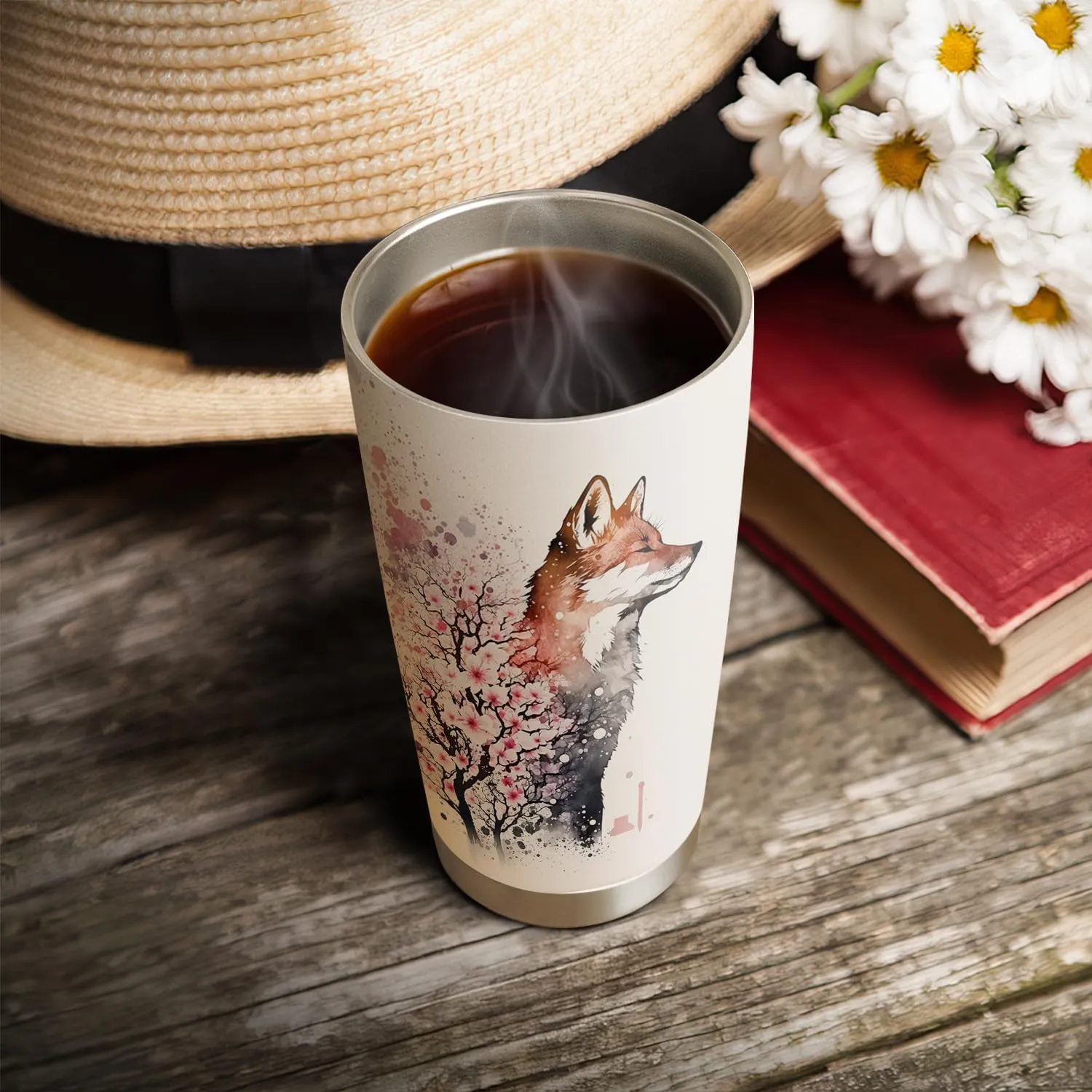 20oz Spring Cherry Blossom Fox Tumbler, Gifts for Fox Lovers, Coffee Thermos for Women, Stainless Steel Double Wall Vacuum Insulated Coffee Mug, Travel Cup with Lid