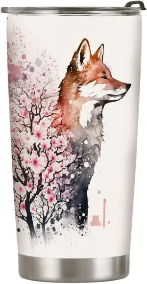 20oz Spring Cherry Blossom Fox Tumbler, Gifts for Fox Lovers, Coffee Thermos for Women, Stainless Steel Double Wall Vacuum Insulated Coffee Mug, Travel Cup with Lid