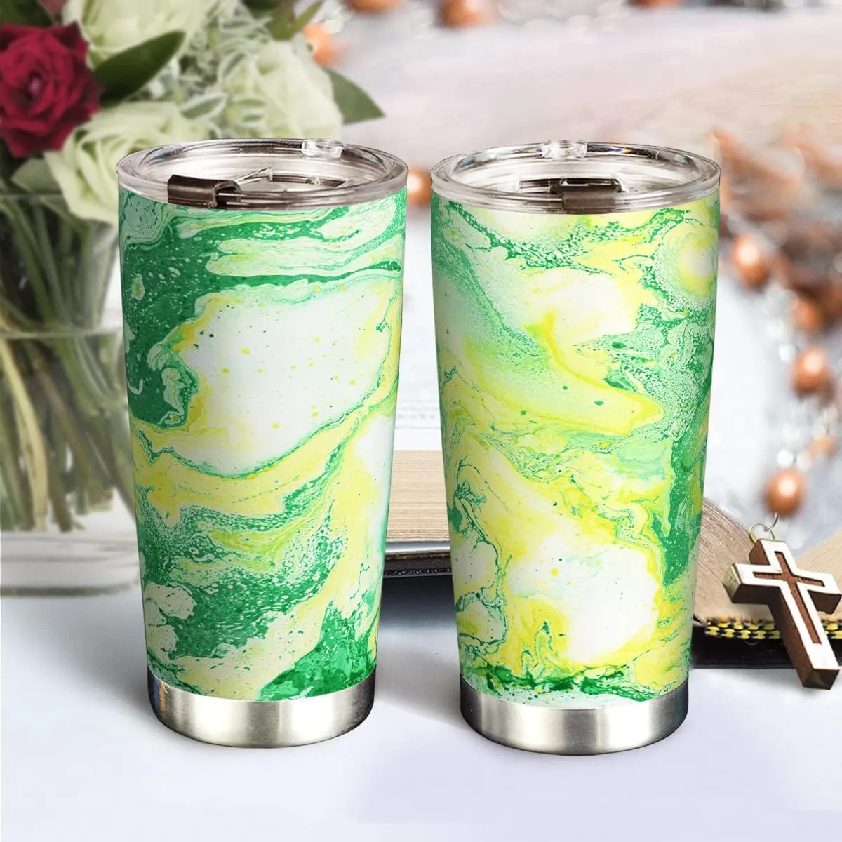 20oz Yellow Green Abstract Marble Tumbler, Inspirational, Motivational Birthday Gifts, Coffee Thermos for Women, Stainless Steel Double Wall Vacuum Insulated Coffee Mug, Travel Cup with Lid