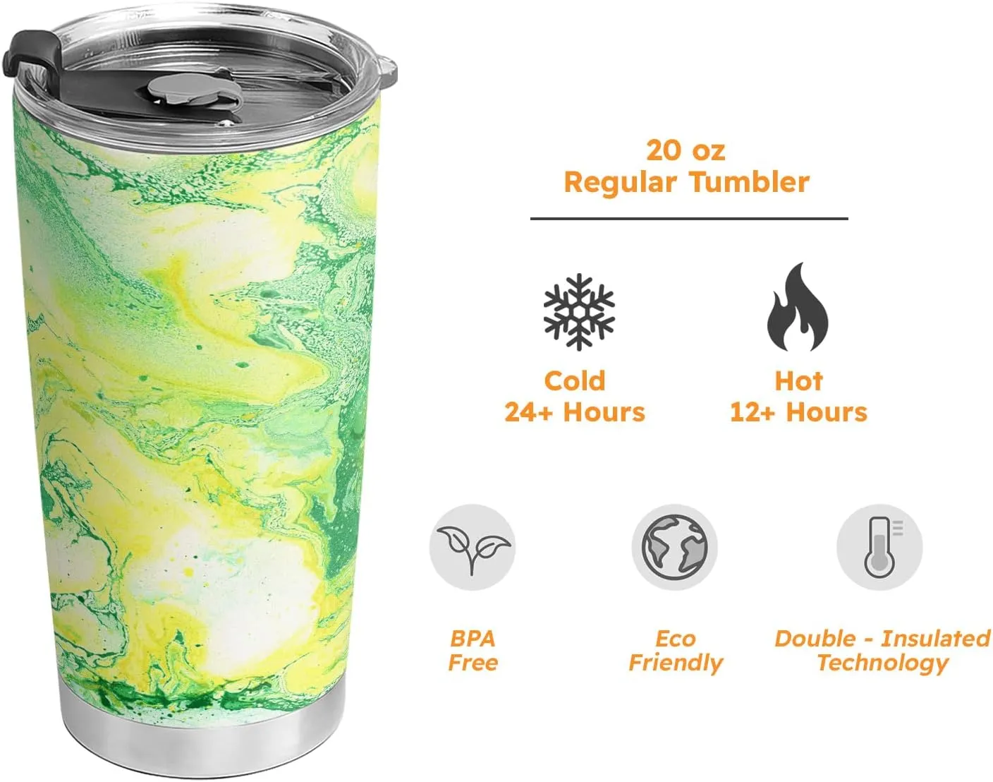 20oz Yellow Green Abstract Marble Tumbler, Inspirational, Motivational Birthday Gifts, Coffee Thermos for Women, Stainless Steel Double Wall Vacuum Insulated Coffee Mug, Travel Cup with Lid