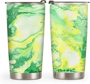 20oz Yellow Green Abstract Marble Tumbler, Inspirational, Motivational Birthday Gifts, Coffee Thermos for Women, Stainless Steel Double Wall Vacuum Insulated Coffee Mug, Travel Cup with Lid