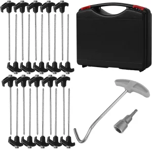 23 Pack Tent Stakes Heavy Duty,8 Inch Ground Anchors Screw in Camping Stakes with Hex Head Driver,1 Stopper T Pull Hook for Patio, Garden, Canopies, Grassland, Outdoor (Black)