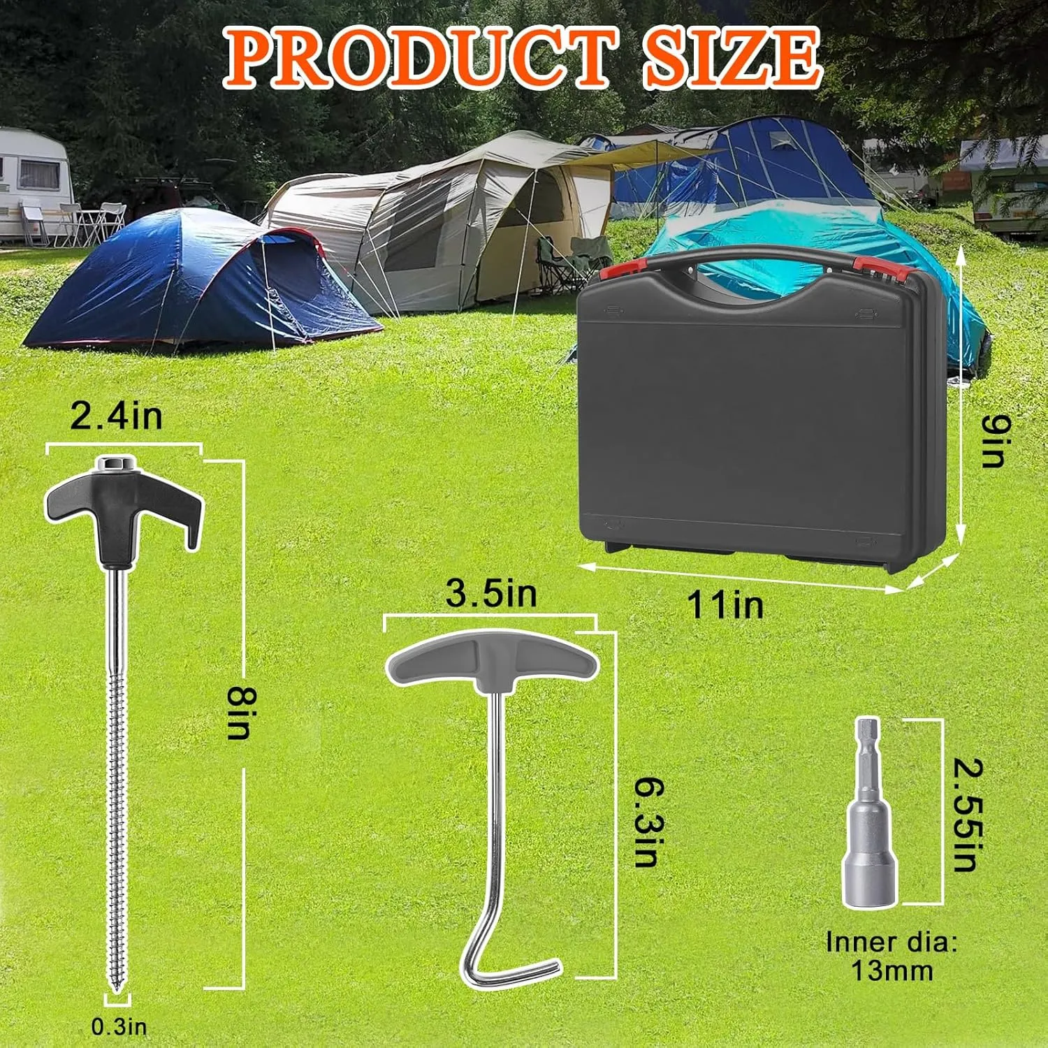 23 Pack Tent Stakes Heavy Duty,8 Inch Ground Anchors Screw in Camping Stakes with Hex Head Driver,1 Stopper T Pull Hook for Patio, Garden, Canopies, Grassland, Outdoor (Black)