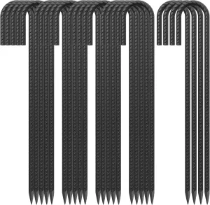24 Pack J Hook Rebar Stakes 24 Inch 3/8 Inch Diameter Metal Stakes for Ground Heavy Duty with Chisel Point End Chain Link Fence Stakes for Swing Set, Gazebo and Bounce House, Black