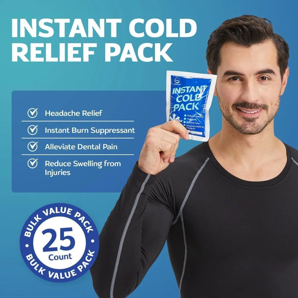 25 Pack Instant Ice Cold Pack (6” x 4.5”) - Disposable Instant Ice Packs for Injuries | Cold Compress Ice Pack for Pain Relief