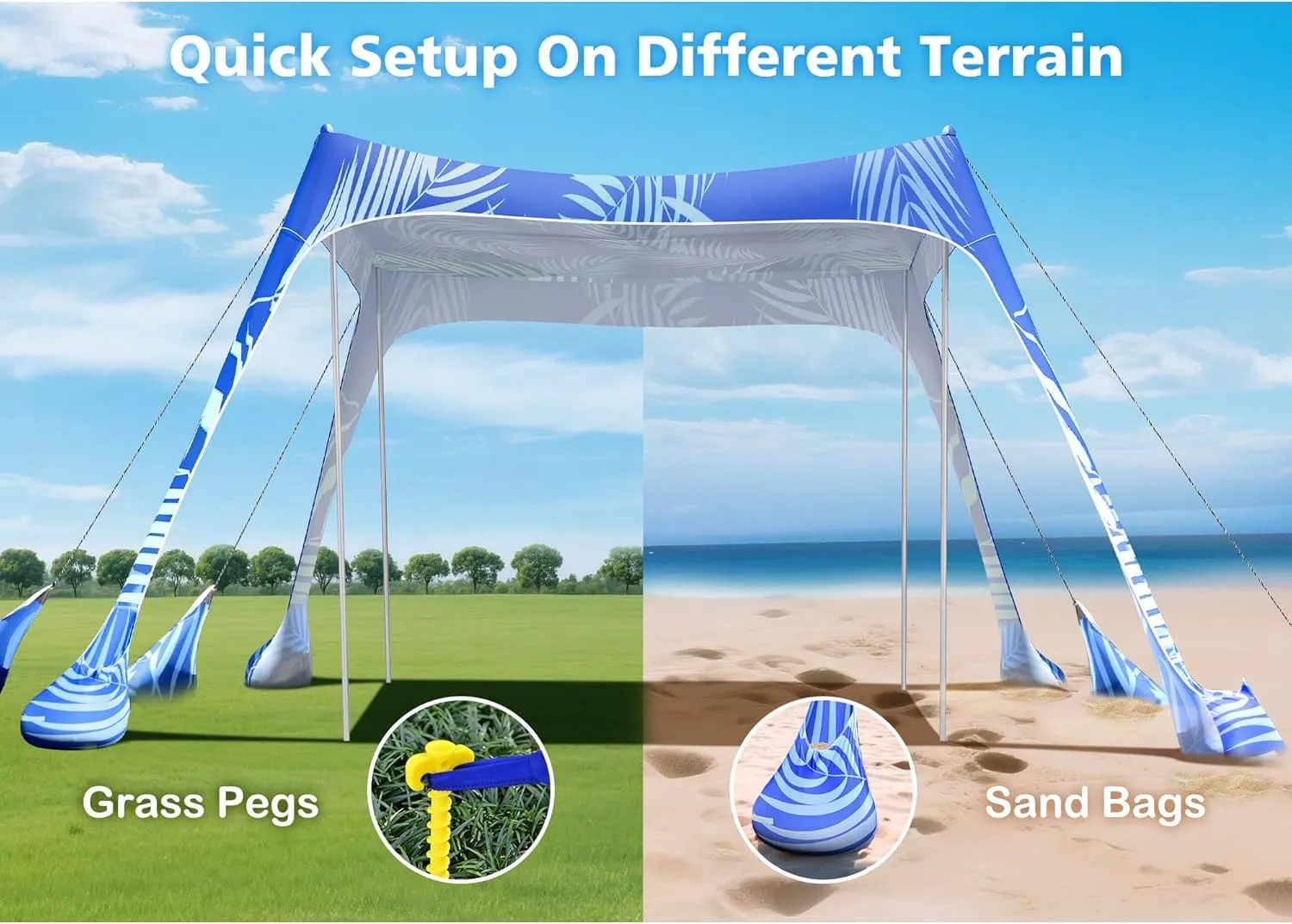 2PM SPORTS Beach Tent Conopy with UPF50 , Outdoor Large Beach Sun Shade Shelter for Family Picnic Camping Travel Shore, 8 Sandbags, Sand Shovel, Portable Ground Pegs (Areca Palm, 10x10 FT)