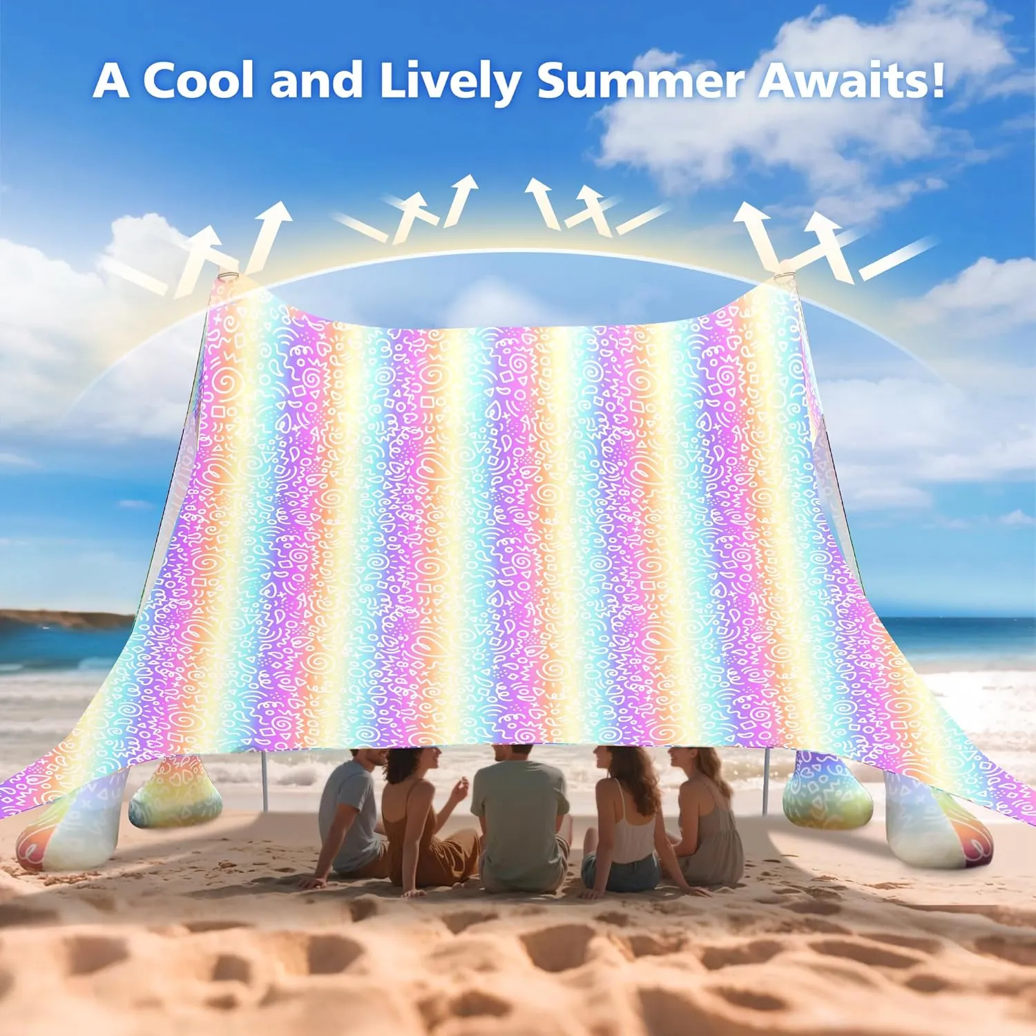 2PM SPORTS Beach Tent Conopy with UPF50 , Outdoor Large Beach Sun Shade Shelter for Family Picnic Camping Travel Shore, 8 Sandbags, Sand Shovel, Portable Ground Pegs (Rainbow, 10x10 FT)