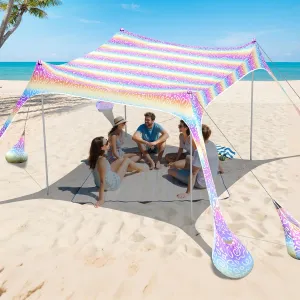 2PM SPORTS Beach Tent Conopy with UPF50 , Outdoor Large Beach Sun Shade Shelter for Family Picnic Camping Travel Shore, 8 Sandbags, Sand Shovel, Portable Ground Pegs (Rainbow, 10x10 FT)