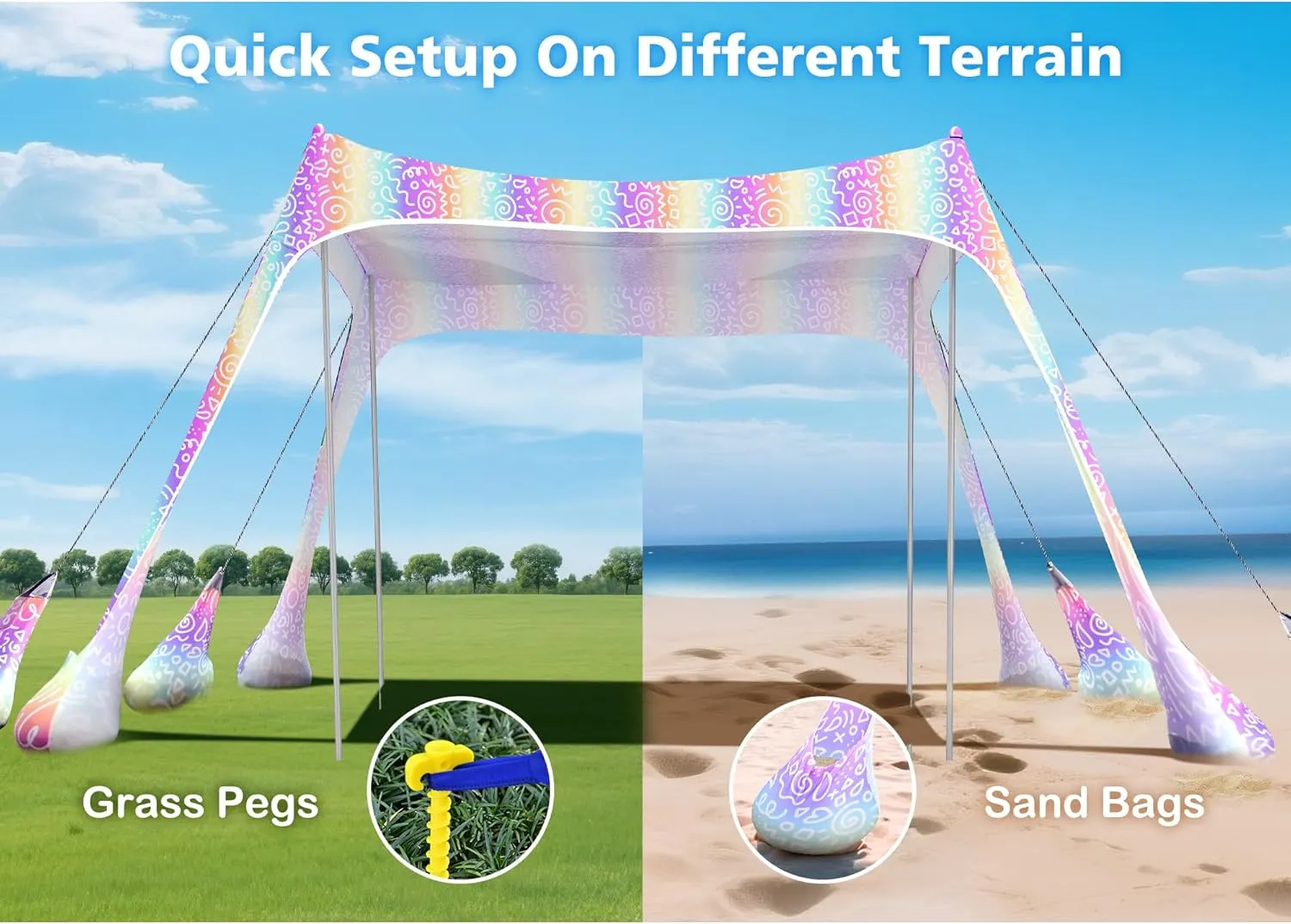 2PM SPORTS Beach Tent Conopy with UPF50 , Outdoor Large Beach Sun Shade Shelter for Family Picnic Camping Travel Shore, 8 Sandbags, Sand Shovel, Portable Ground Pegs (Rainbow, 10x10 FT)