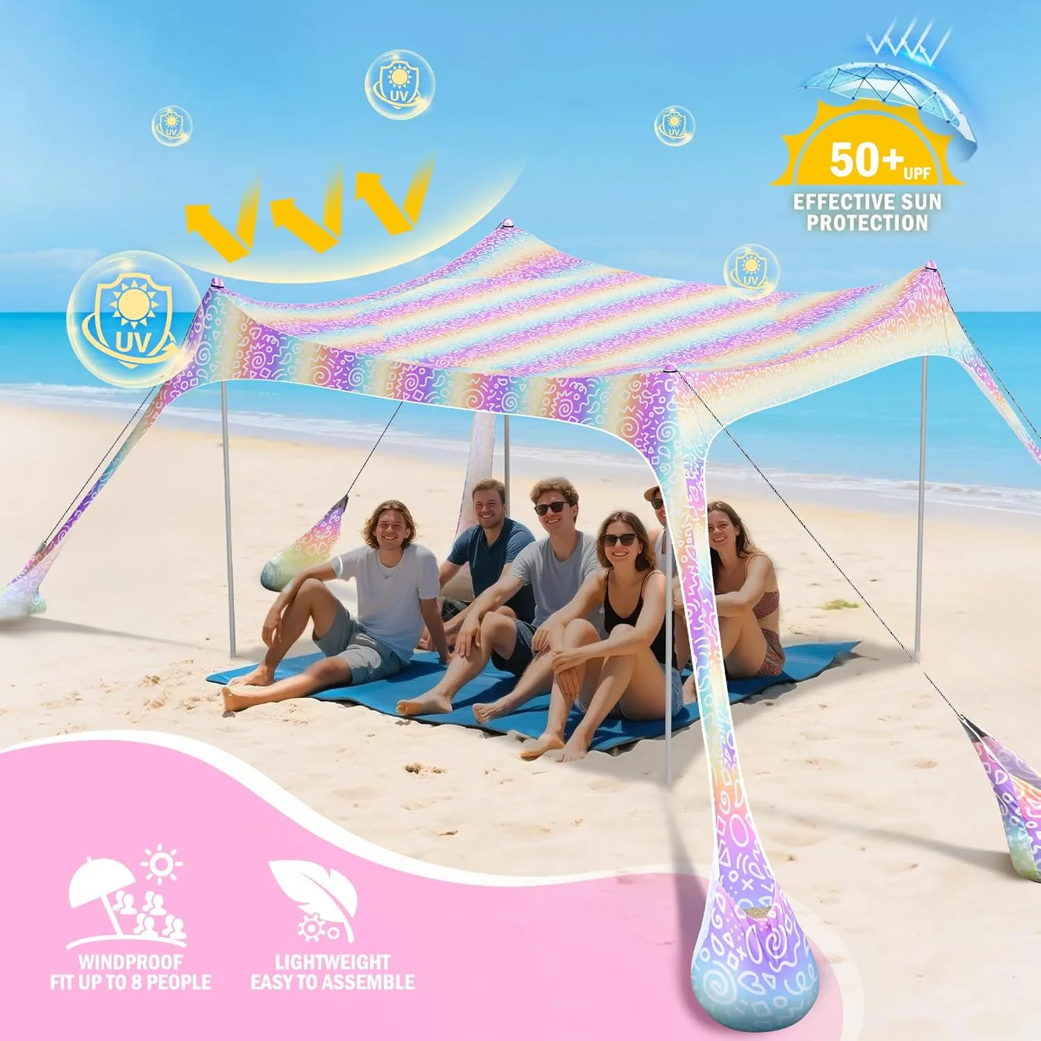 2PM SPORTS Beach Tent Conopy with UPF50 , Outdoor Large Beach Sun Shade Shelter for Family Picnic Camping Travel Shore, 8 Sandbags, Sand Shovel, Portable Ground Pegs (Rainbow, 10x10 FT)