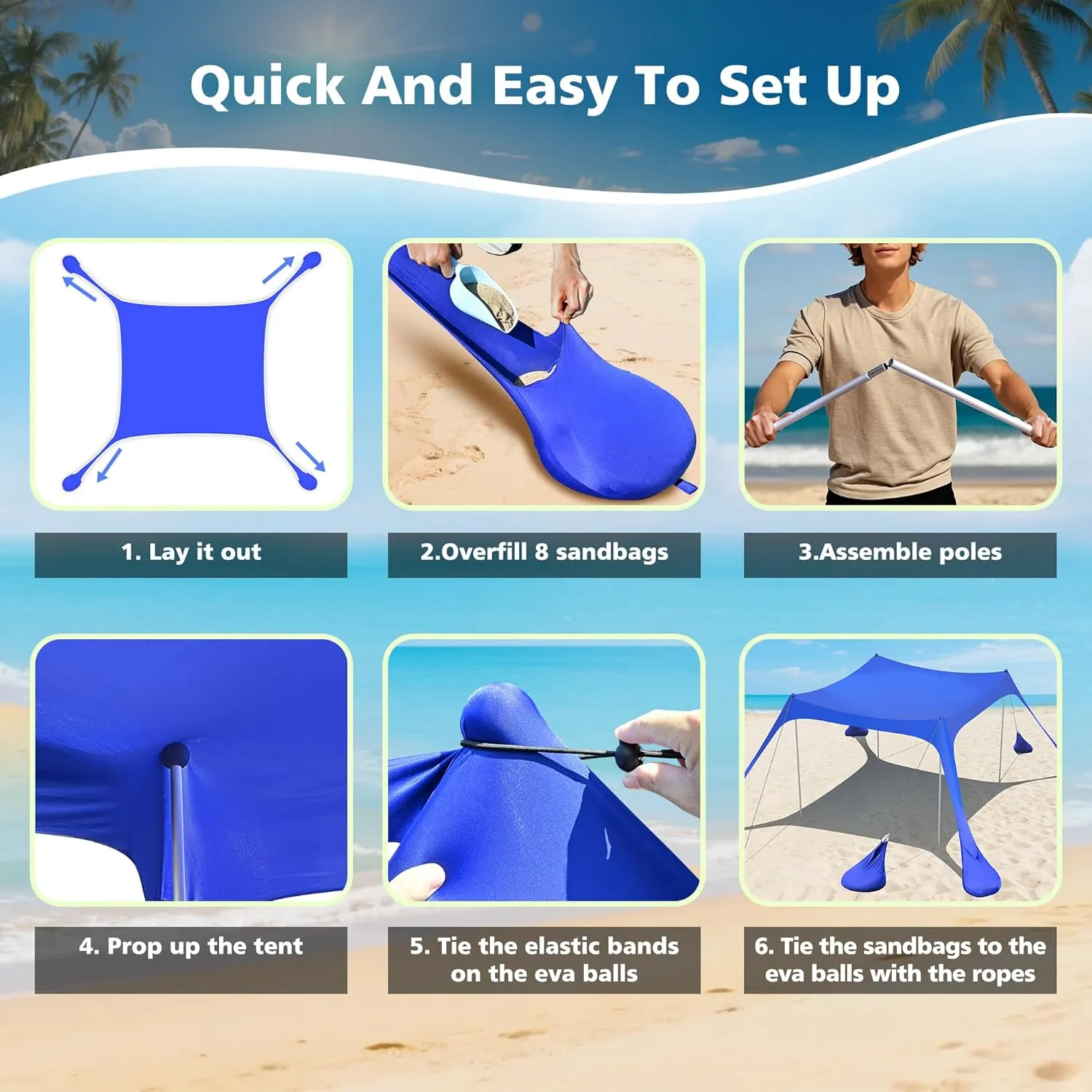 2PM SPORTS Beach Tent Conopy with UPF50 , Outdoor Large Beach Sun Shade Shelter for Family Picnic Camping Travel Shore, 8 Sandbags, Sand Shovel, Portable Ground Pegs (Rainbow, 10x10 FT)