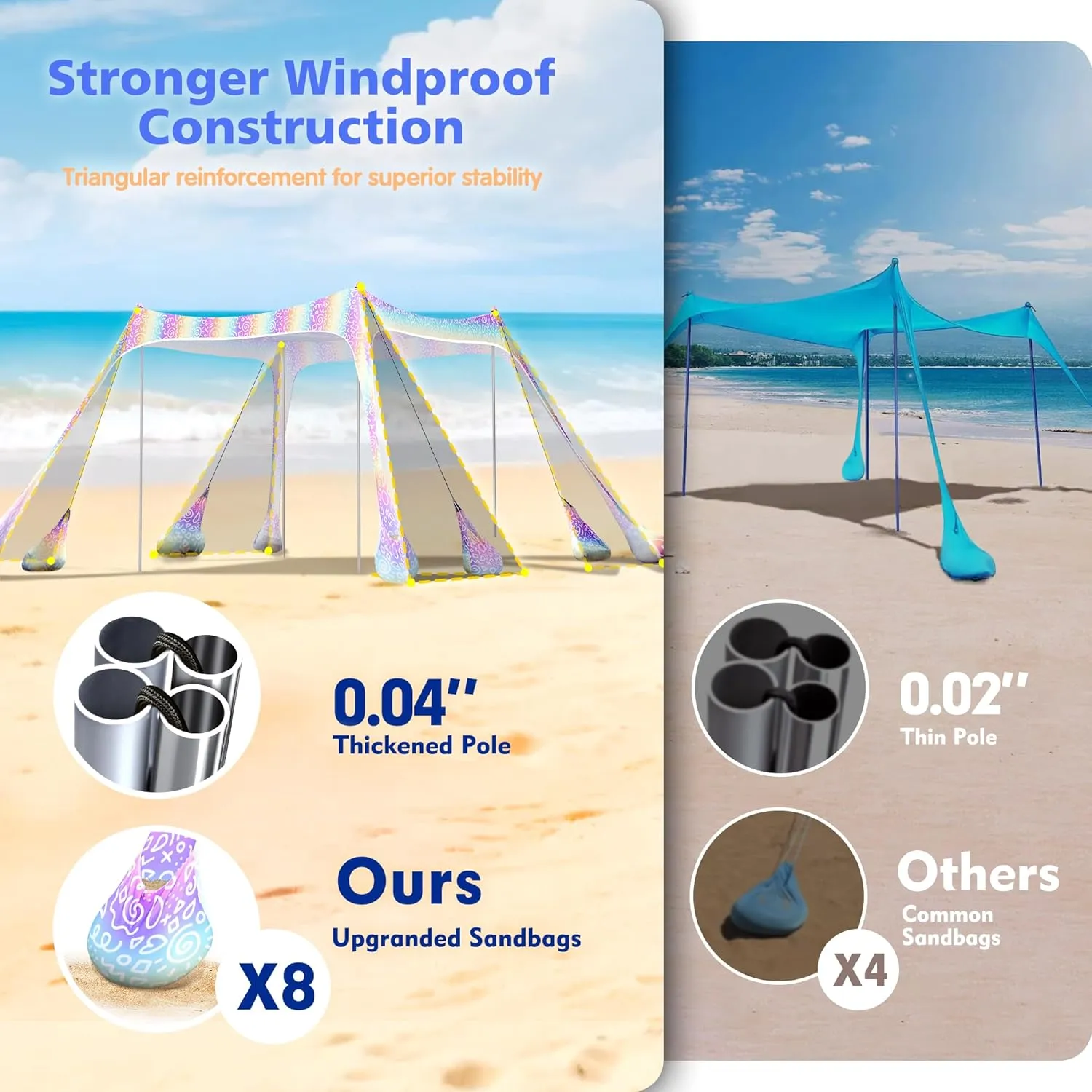 2PM SPORTS Beach Tent Conopy with UPF50 , Outdoor Large Beach Sun Shade Shelter for Family Picnic Camping Travel Shore, 8 Sandbags, Sand Shovel, Portable Ground Pegs (Rainbow, 10x10 FT)