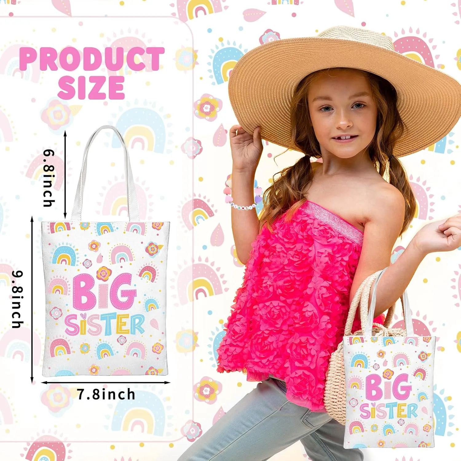 3 Pcs Big Sister Gift Set - Pink Insulated Acrylic Tumbler, Mini Canvas Tote Bag, Bracelet for Girls - Birthday Gift