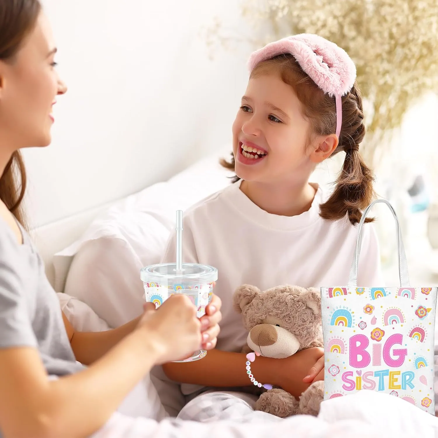 3 Pcs Big Sister Gift Set - Pink Insulated Acrylic Tumbler, Mini Canvas Tote Bag, Bracelet for Girls - Birthday Gift