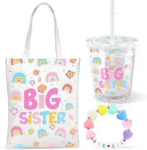 3 Pcs Big Sister Gift Set - Pink Insulated Acrylic Tumbler, Mini Canvas Tote Bag, Bracelet for Girls - Birthday Gift