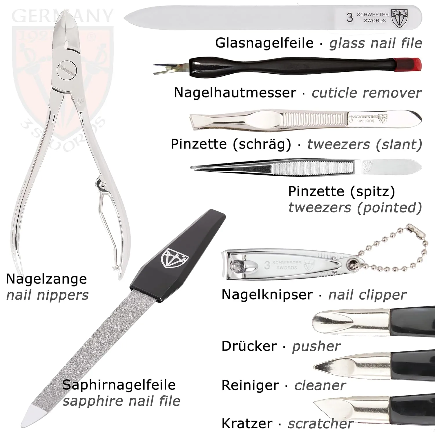 3 Swords Germany – brand quality 12 piece manicure pedicure grooming kit set for professional finger & toe nail care with ostrich synthetic leather case - Made in Germany