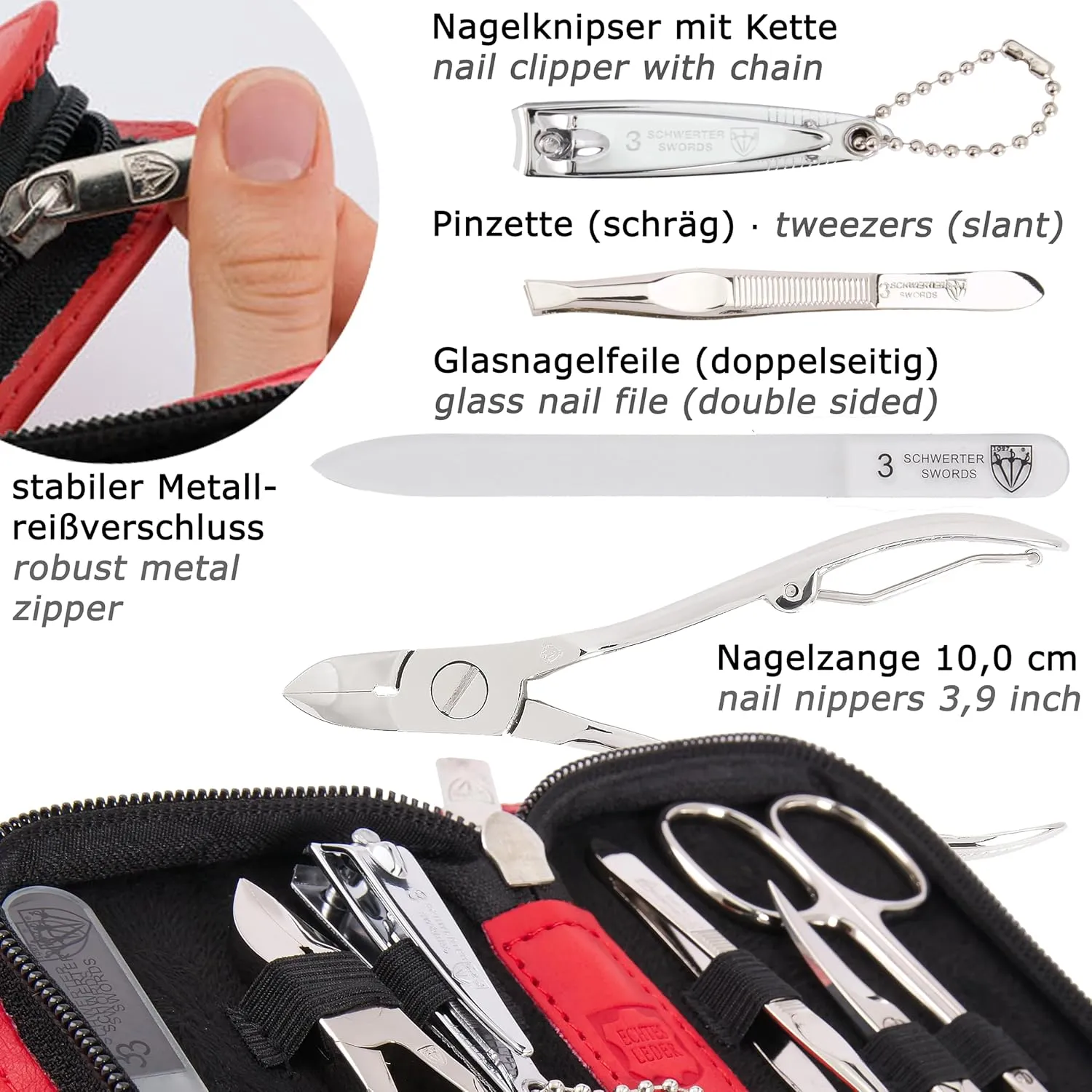3 Swords Germany - brand quality 6 piece manicure pedicure grooming kit set for professional finger & toe nail care scissors clipper genuine leather case in gift box, Made in Solingen Germany (13907)