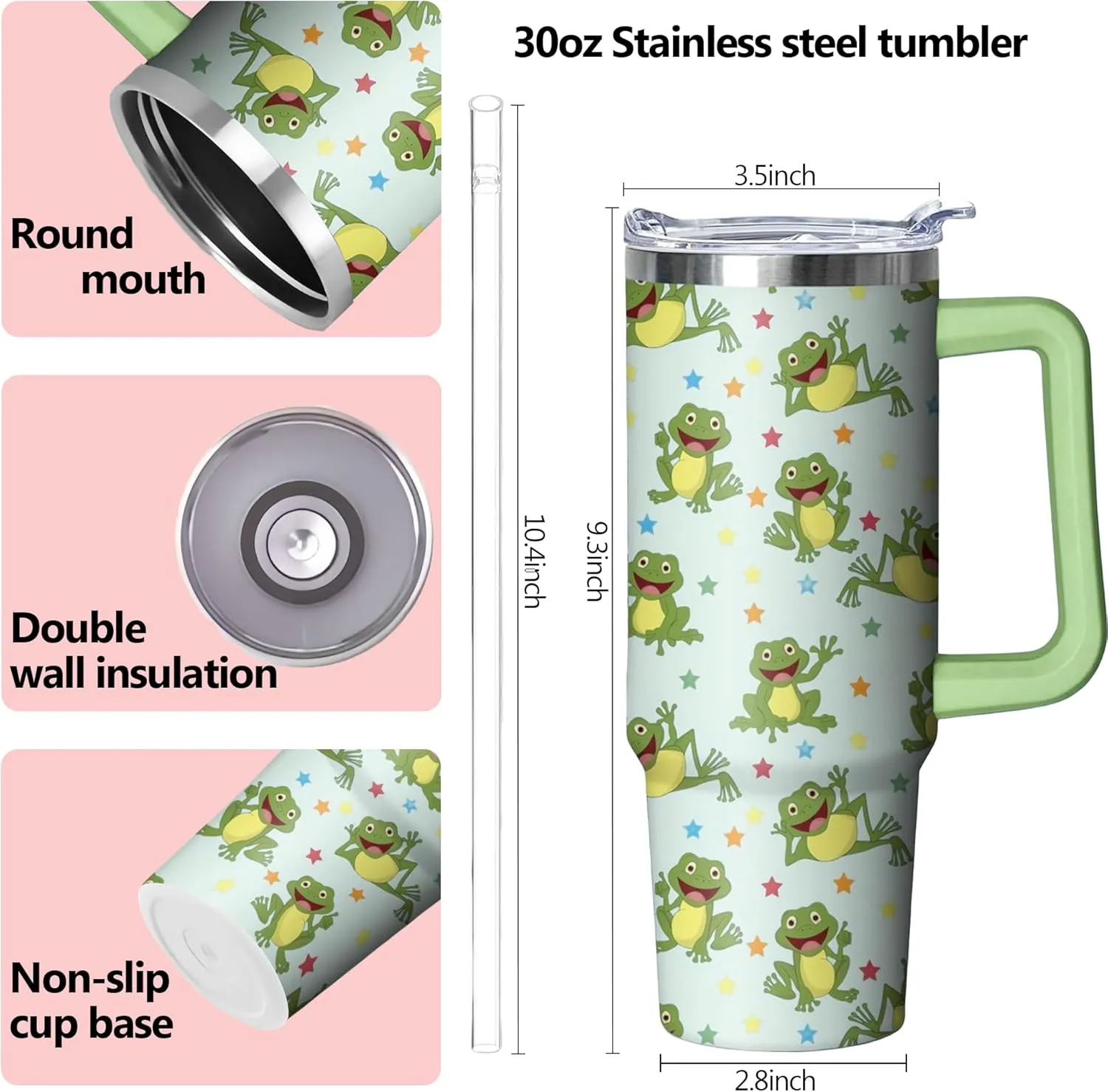30 oz Frog Tumbler with Handle and Straw, Insulated Stainless Steel Cup with Lid, Travel Coffee Mug Water Bottle, Gifts for Woman Animal Lovers