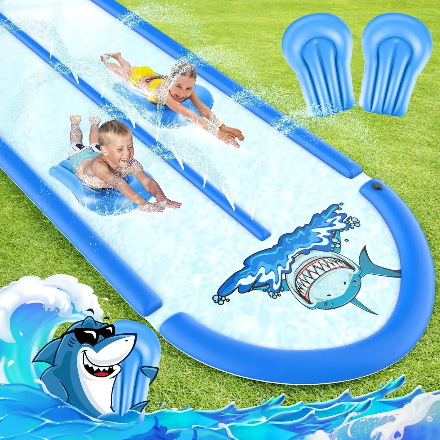30FT Slip and Slide Lawn Water Slide with 2 Bodyboards, Slip n Slide Heavy Duty Double Lane for Kids Backyard Games with Sprinkler, Summer Outdoor Water Toys Outside Play for Kids and Adults