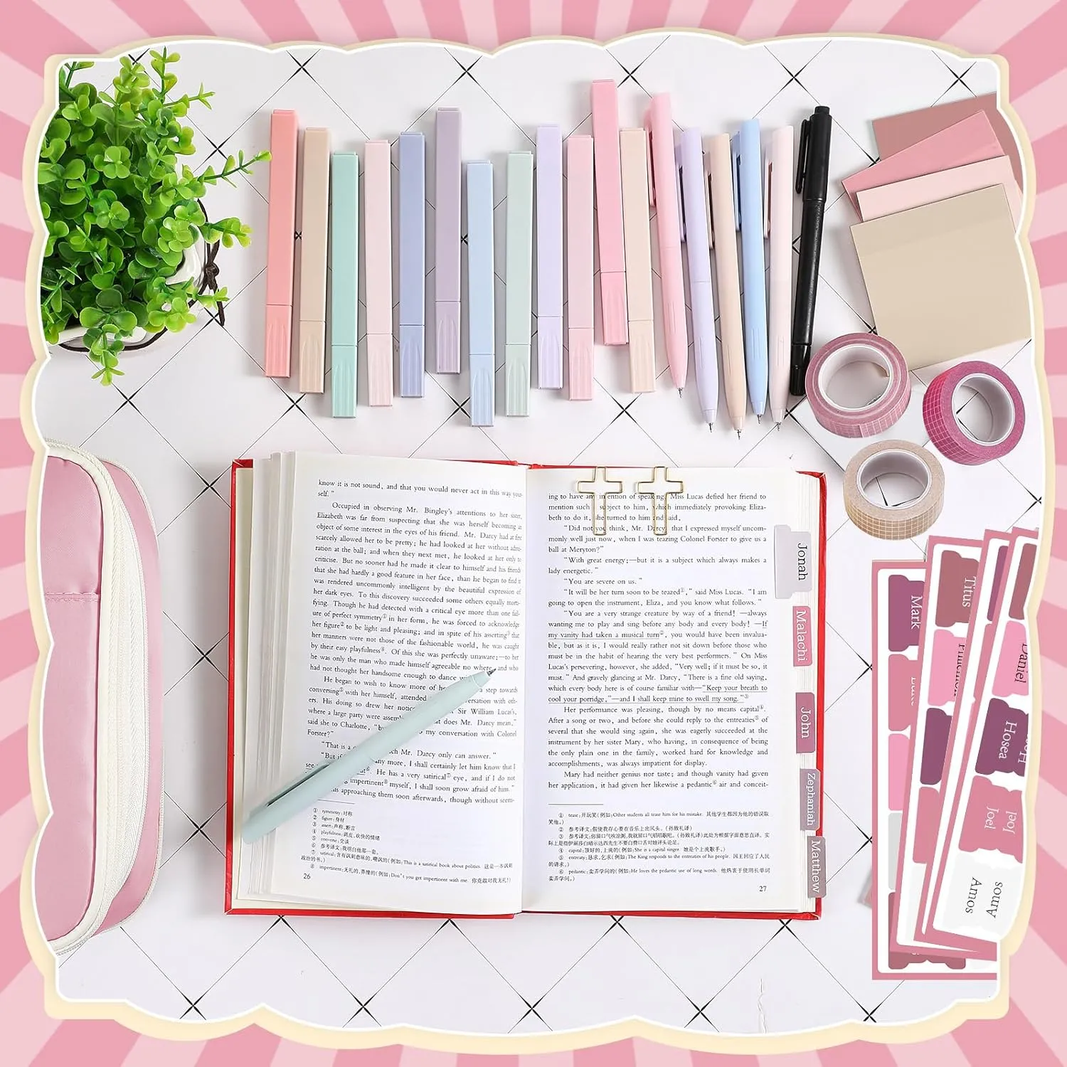 33 Pcs Bible Study Supplies Journaling Kit for Women Bible Highlighters and Pens No Bleed with Pen Case Tabs Washi Tapes Sticky Notes Paper Clips and Markers Book Annotation Set(Pink)