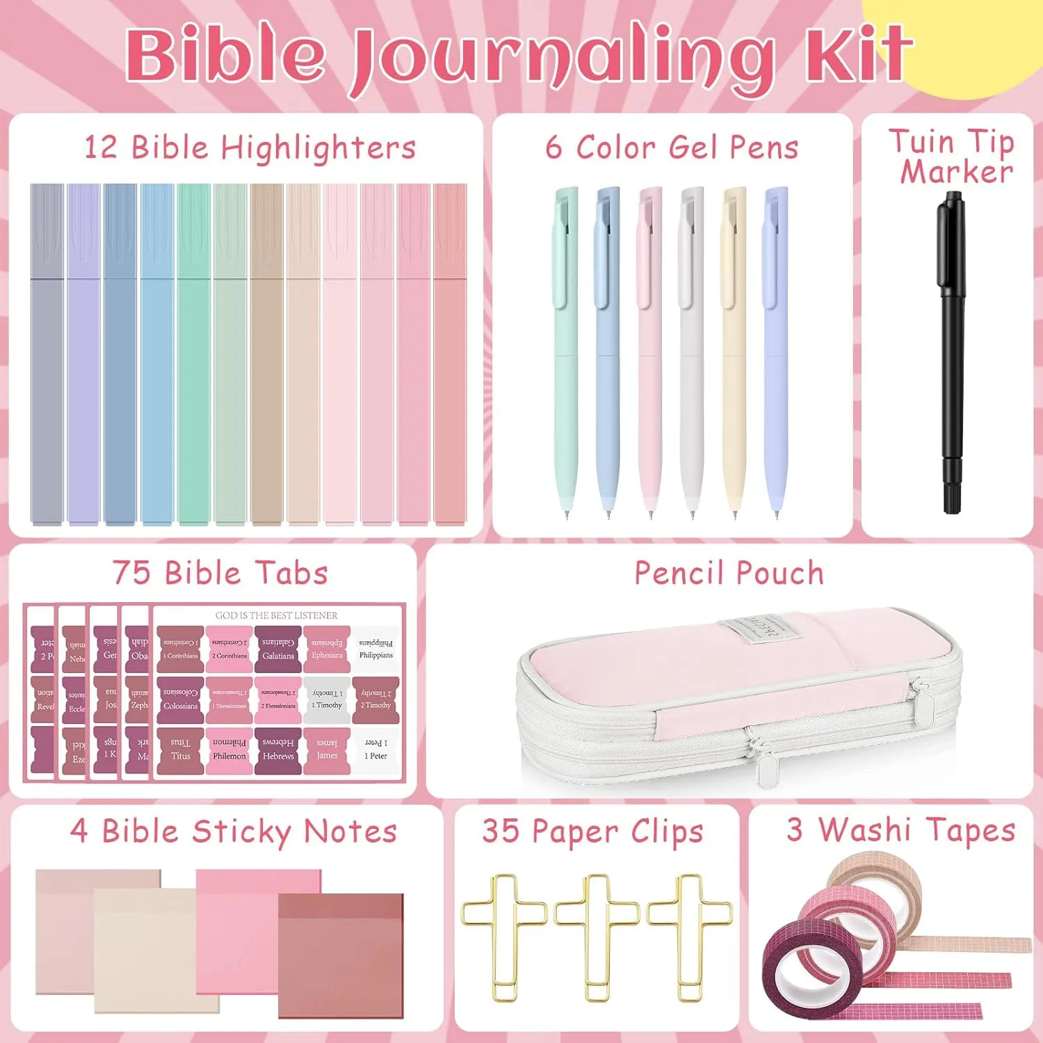33 Pcs Bible Study Supplies Journaling Kit for Women Bible Highlighters and Pens No Bleed with Pen Case Tabs Washi Tapes Sticky Notes Paper Clips and Markers Book Annotation Set(Pink)