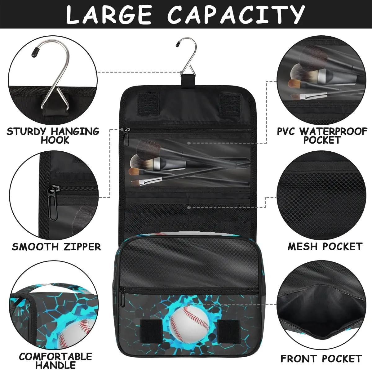 3D Baseball Hanging Travel Toiletry Bag for Kids, Women Cosmetic Organizer Makeup Bag Pouch Men Shaving Dopp Kit Shower Bag With Sturdy Hook