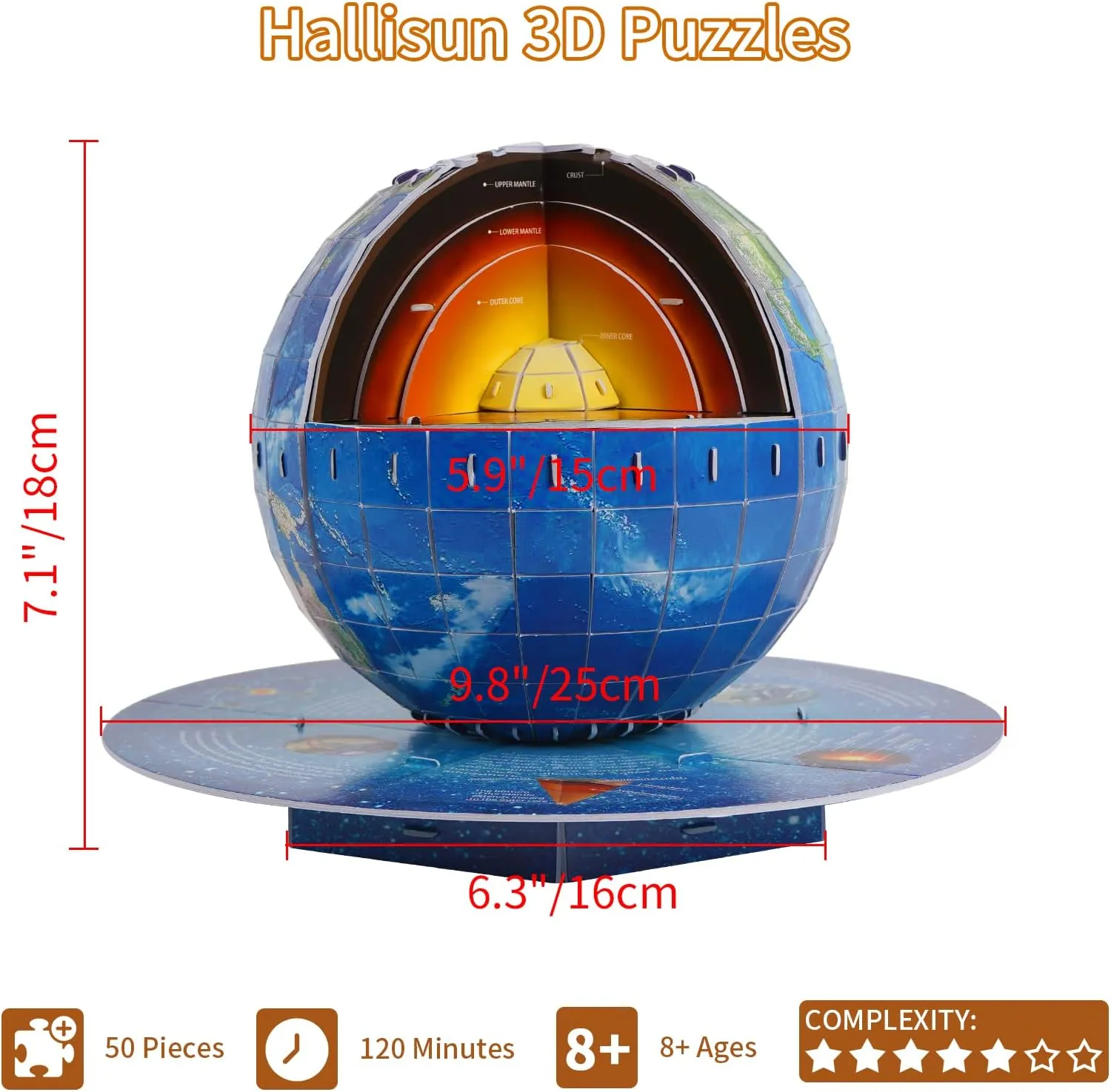 3D Puzzles for Kids Ages 8-10-12-14 Earth Globe DIY Geography Puzzle, Educational Learning Toys 3D Jigsaw World Globe Map Model Kit Teaching Aids Birthday Christmas Gift for Boys Girls, 50 Pieces