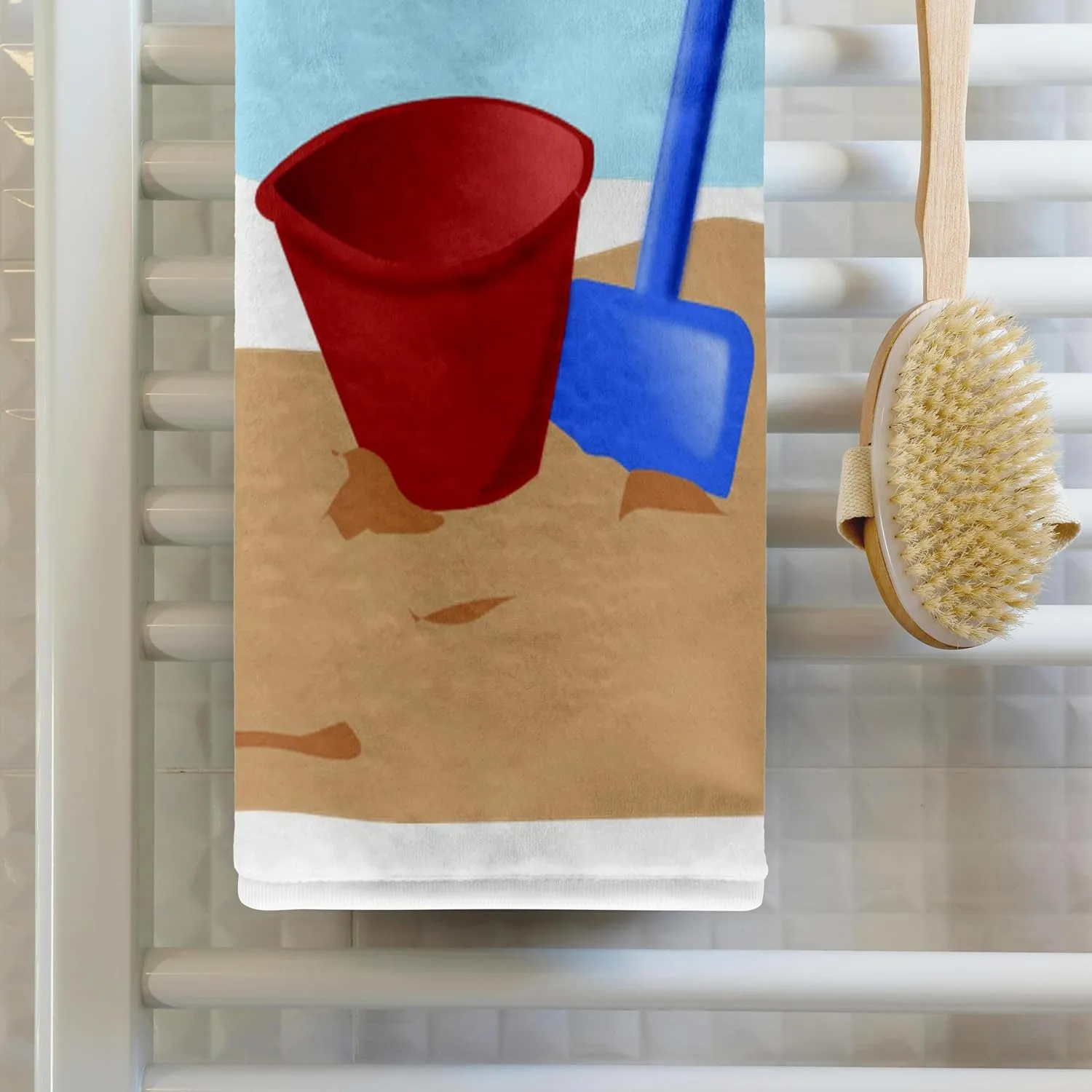 3dRose 22x30 Bath Hand Pool Towel - Red Beach Pail Blue Shovel Childrens Art