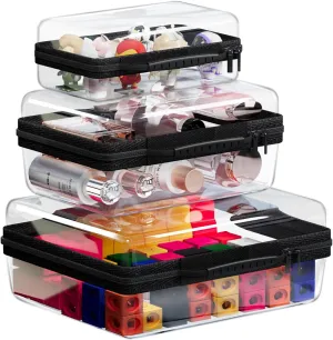 3PCS Clear Hard Shell Zipper Case, Portable Storage Box for Makeup, Toiletry, Travel, Durable and Waterproof Storage Bins, Grade Plastic Zipper Case, Cosmetic Bag (Black)