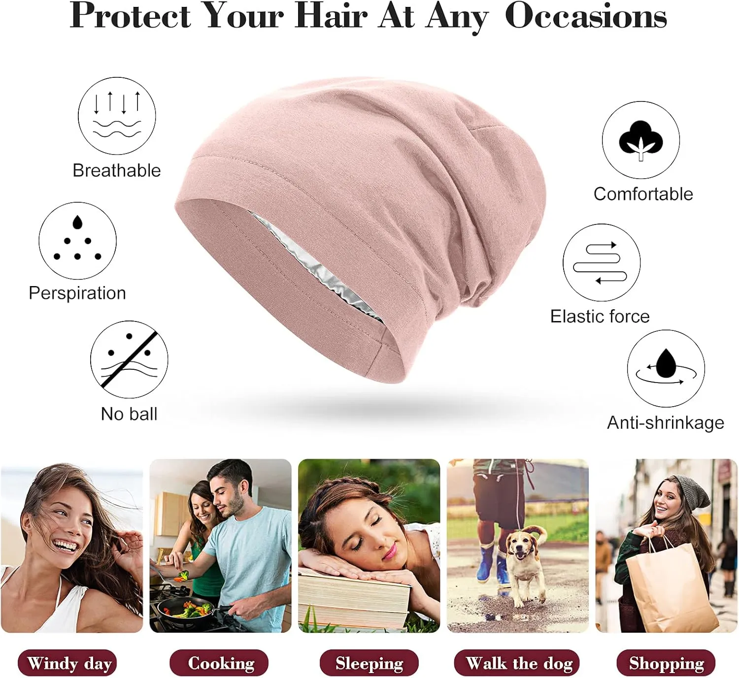 4 Pieces Satin Lined Sleep Cap Slouchy Beanie Hat Night Hair Cap for Women