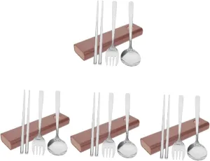 4 Sets Fork Spoon Chopsticks Serving Utensils Stainless Steel Stainless Steel Set Travel Cutlery Spoons Tableware Set Camping Utensil Abs Pink Spoon Fork Chopstick Rest