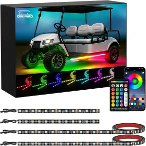 4PCS Golf Cart Underglow LED Light Strip Kit, Multi-Mode RGB Underbody Light Strip, APP&Remote Control, Music Sync, IP68 Waterproof, 9-16V Golf Cart Lighting Strips for Club Car EZGO Yamaha
