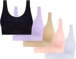 5 Pack Sports Bras for Women Seamless Wireless Workout Everyday Sleep Bra Comfortable & Breathable Removeable Pads