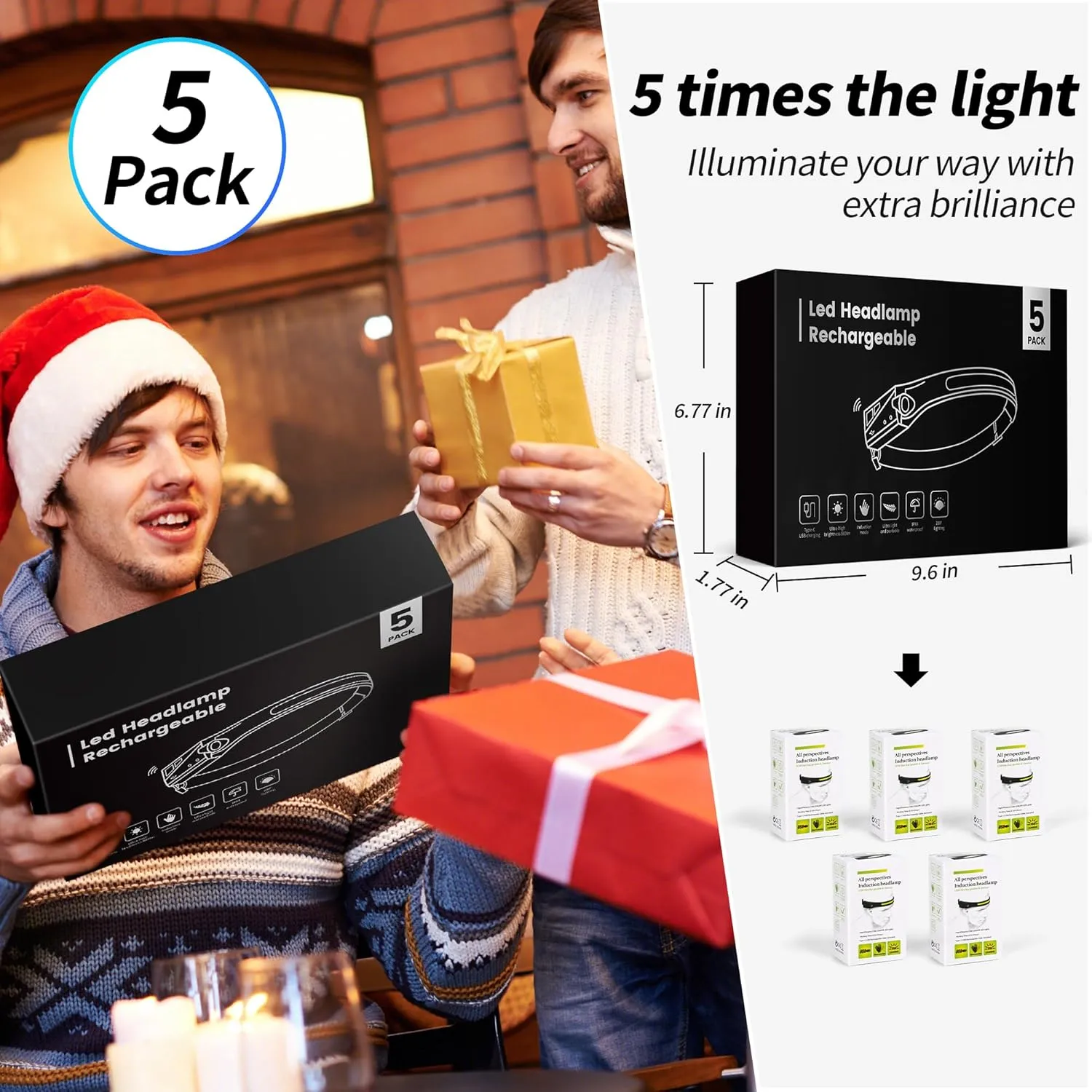 5 Packs LED Headlamp Rechargeable HeadLamps for Adults, 5 Modes Head Light Sensor Mode 230° Wide Beam IPX4 Headlight Waterproof Camping Accessories Gifts for Hiking Running Repairing Fishing Cycling