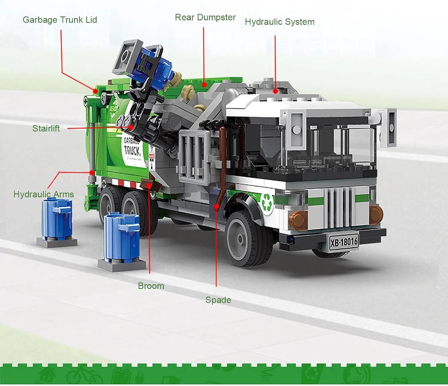550-Piece Recycling Trash Truck Toy Building Set,with Cleaning Tools and Sanitation Worker Dolls,Assembleable Children's Garbage Truck, Compatible with Mainstream Blocks. (Garbage Truck Green)