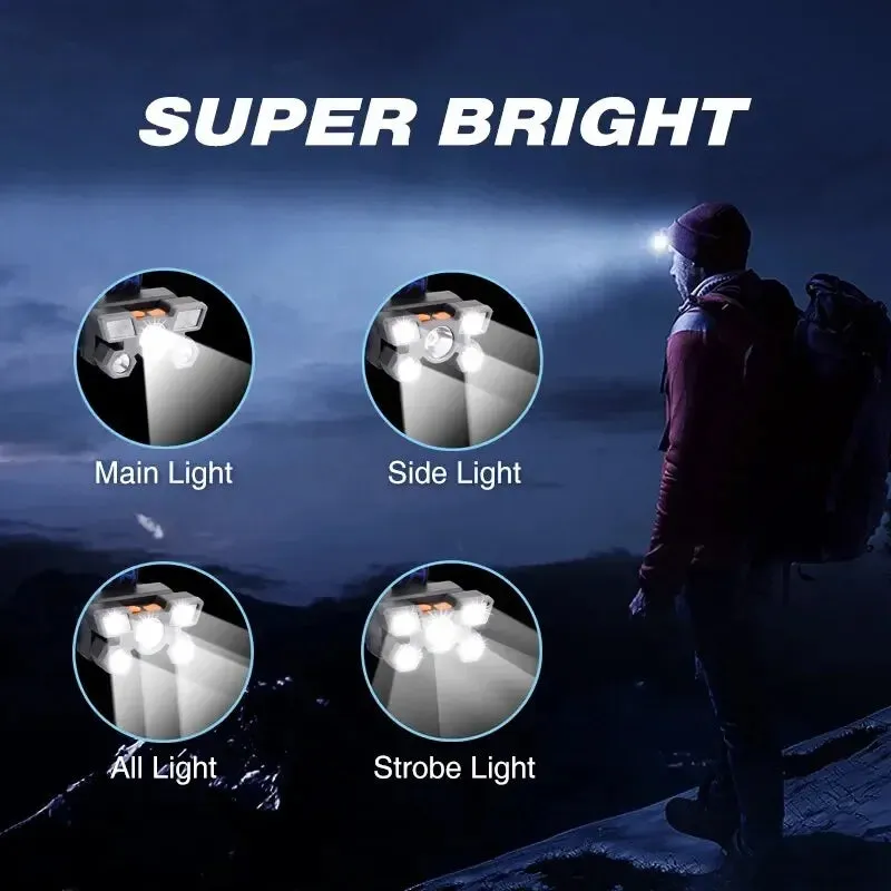 5LED Bright Headlamp Rechargeable Waterproof Adjustable 4Modes