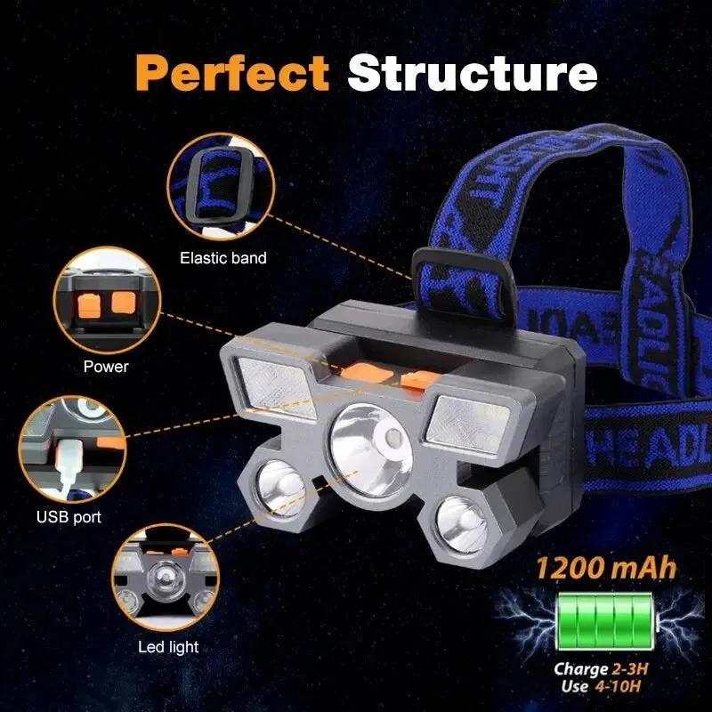5LED Bright Headlamp Rechargeable Waterproof Adjustable 4Modes