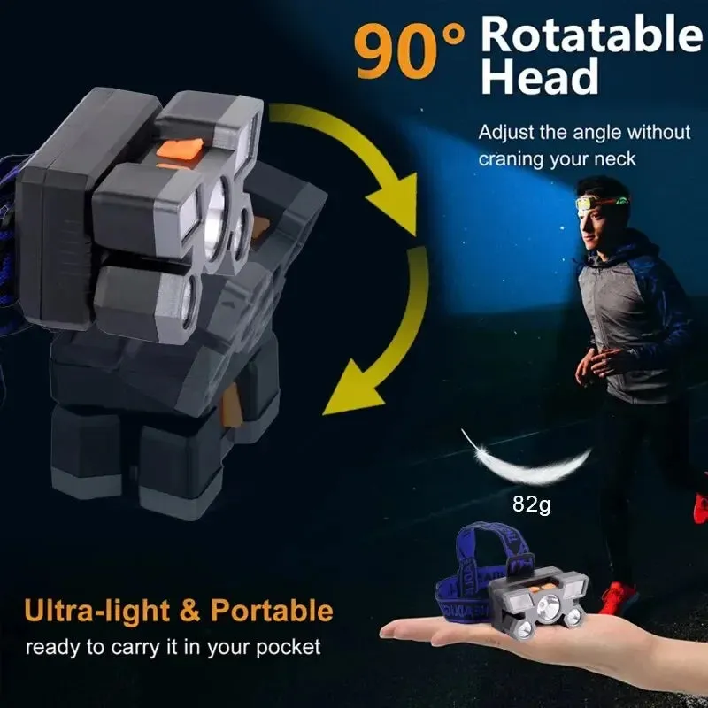 5LED Bright Headlamp Rechargeable Waterproof Adjustable 4Modes
