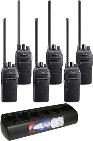 6 Pack of Icom F1000 VHF Analog Two Way Radios PREPROGRAMMED with Multi-Charger