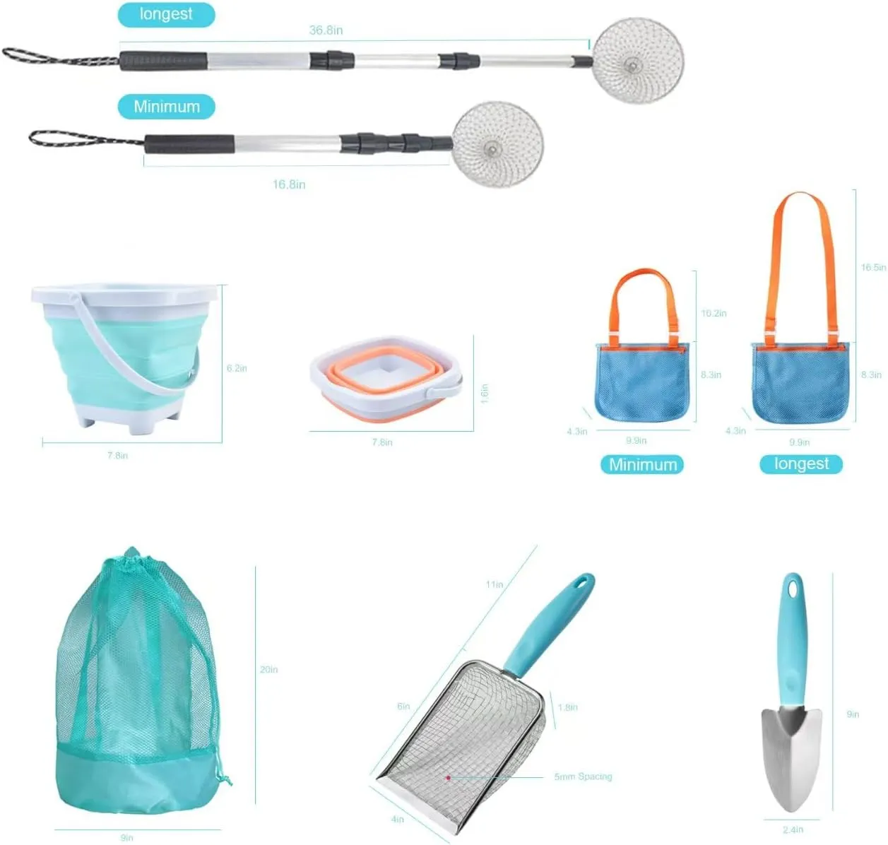 6 PCS Shark Tooth Sifter Beach Shell Collecting Bag Set, Mesh Shovel Shell Bags with Foldable Bucket (Pink Edition)