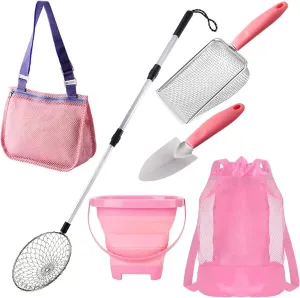 6 PCS Shark Tooth Sifter Beach Shell Collecting Bag Set, Mesh Shovel Shell Bags with Foldable Bucket (Pink Edition)