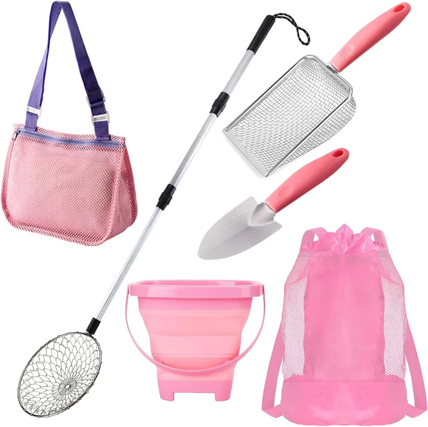 6 PCS Shark Tooth Sifter Beach Shell Collecting Bag Set, Mesh Shovel Shell Bags with Foldable Bucket (Pink Edition)