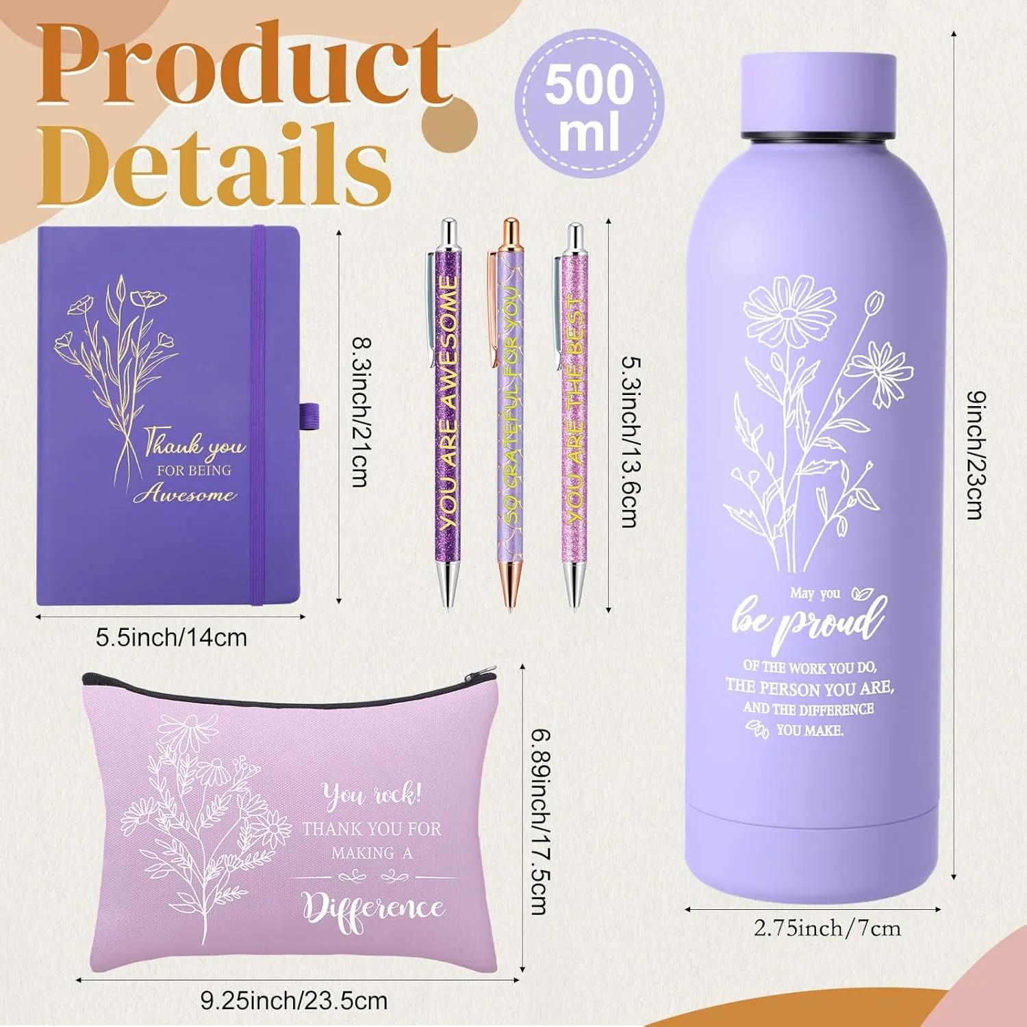 6 Pcs Team Employee Appreciation Gift Set Thank You Gifts with Frosted Double Wall Vacuum Stainless Steel Water Bottle, Printed Bag, and Pen A5 Notebook Set for Medical Assistants,Teachers