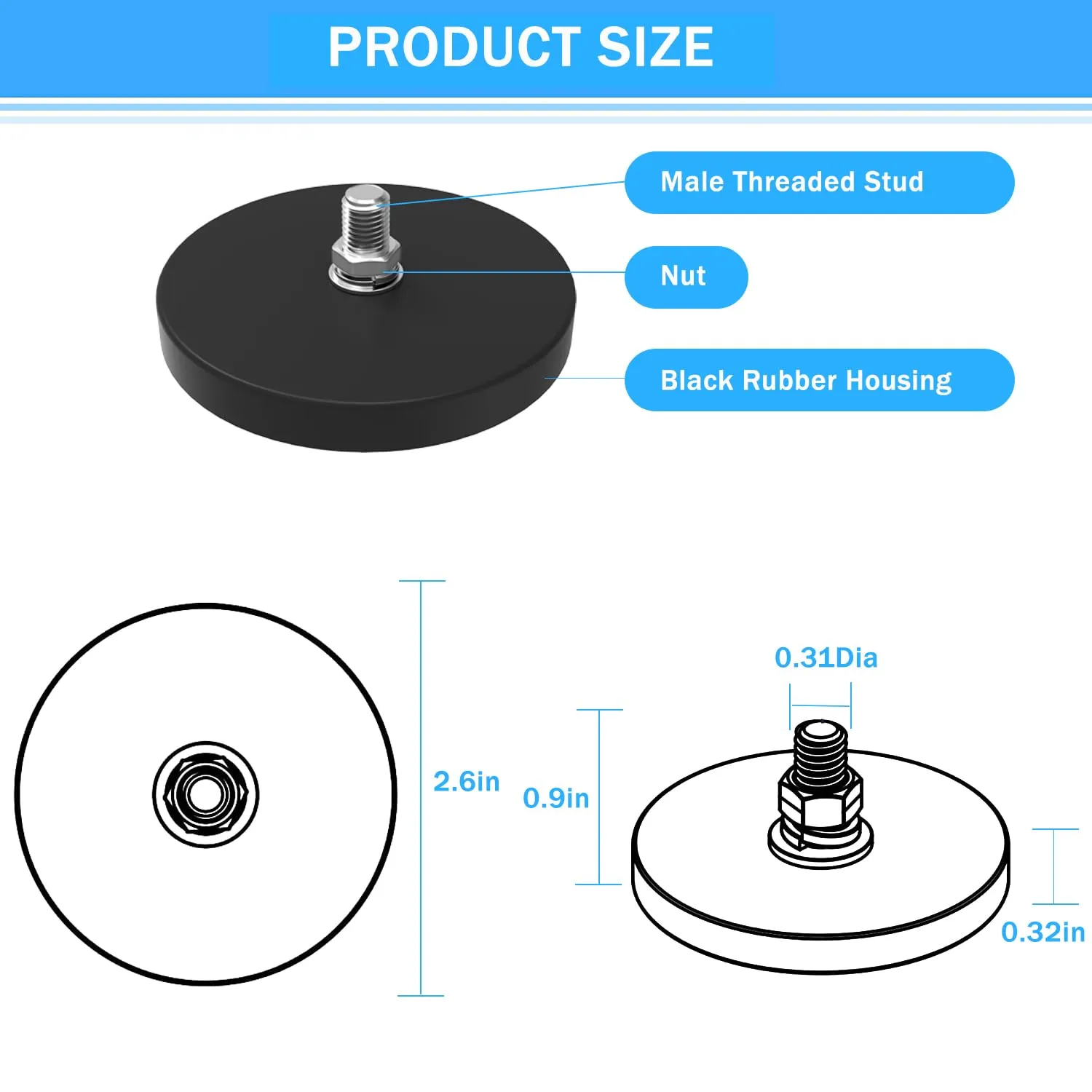 65lbs Rubber Coated Super Strong Rare Earth Magnets,Anti-Scratch Strong Mounting Magnets,Magnet Base with M8 Male Threaded Stud, Strong Magnet Mounting Base for Light Bars Mirror Camera Tool
