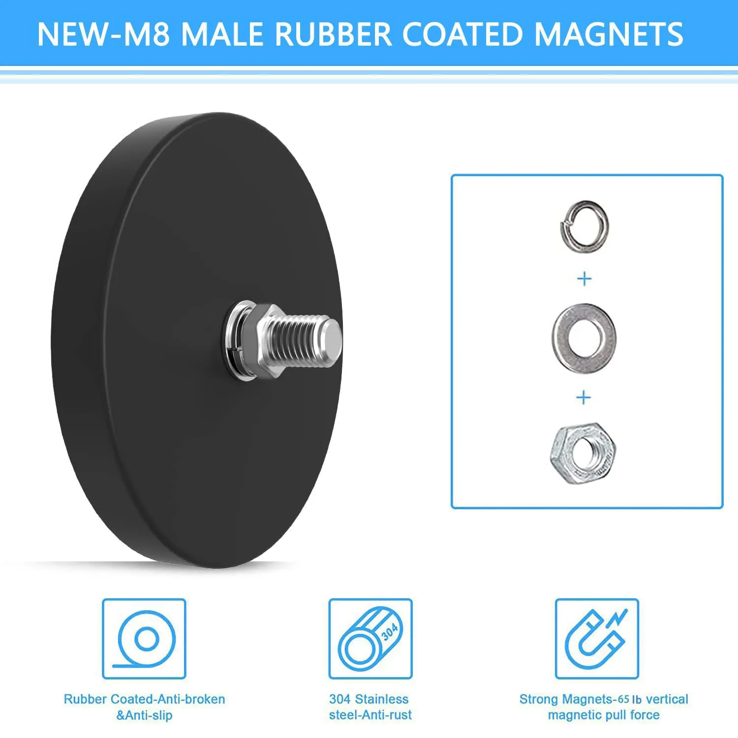 65lbs Rubber Coated Super Strong Rare Earth Magnets,Anti-Scratch Strong Mounting Magnets,Magnet Base with M8 Male Threaded Stud, Strong Magnet Mounting Base for Light Bars Mirror Camera Tool