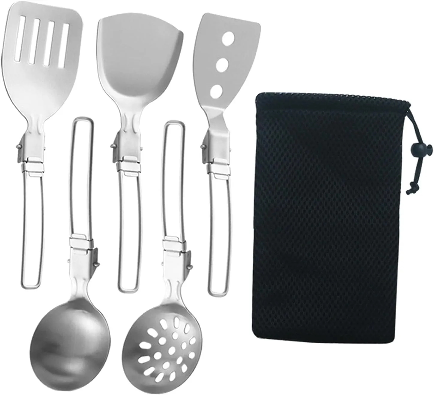 6Pcs Camp Cooking Utensil Set, Foldable Outdoor Kitchen Gear, Stainless Steel Camping Cookware Kit for Camp RV BBQ