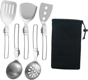 6Pcs Camp Cooking Utensil Set, Foldable Outdoor Kitchen Gear, Stainless Steel Camping Cookware Kit for Camp RV BBQ