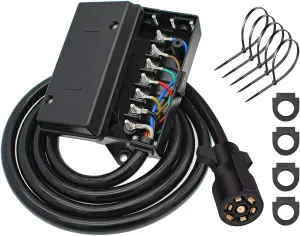 7 Pin Trailer Plug Wiring Harness （6ft） with 7 Gang Waterproof Junction Box, Heavy Duty 7 Way RV Trailer Replacement Wiring Harness Kit
