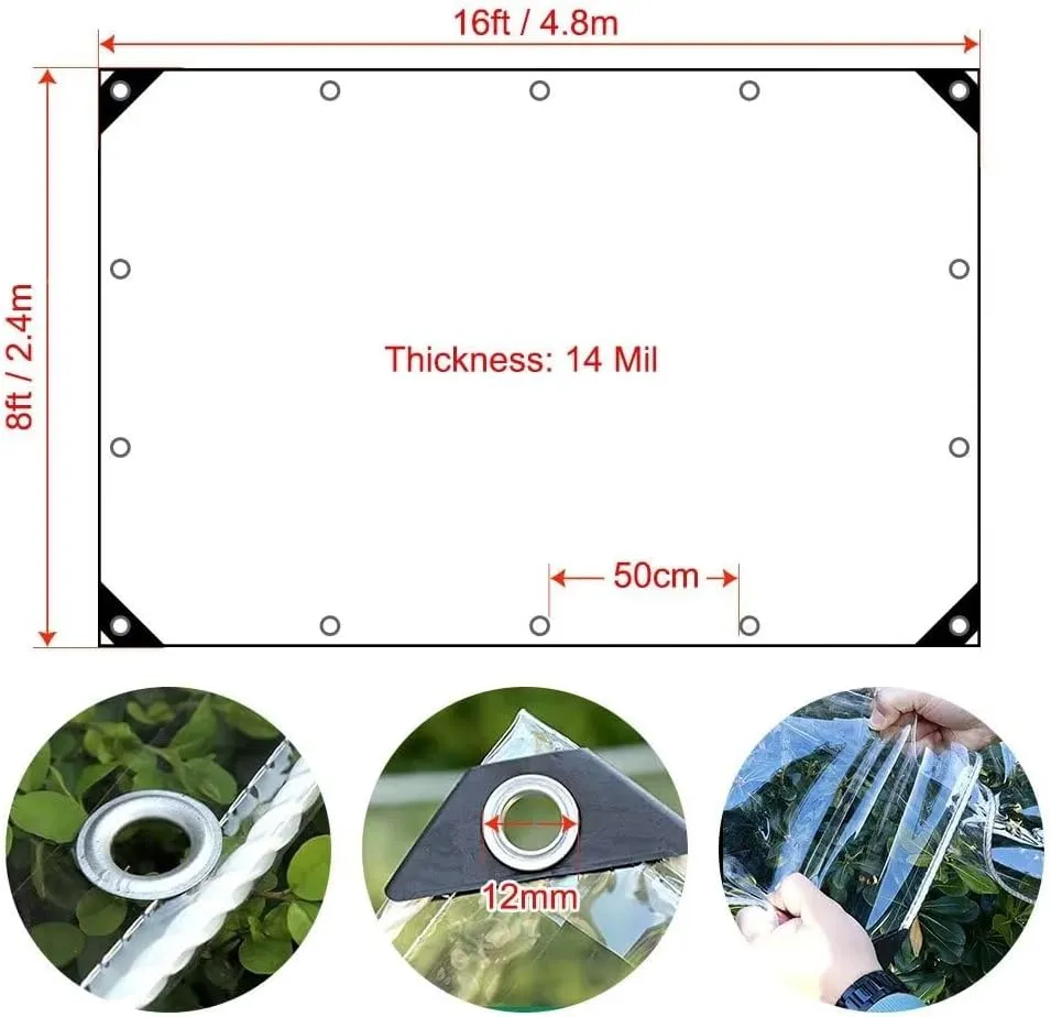 8' x 16' Clear Tarps Heavy Duty PVC Vinyl 14 Mil Thick Tarpaulin, Glass Tarpaulin with Metal Grommets, Protects Against Water, Tear, Cold Weather Resistan for Greenhouse Balcony Garden